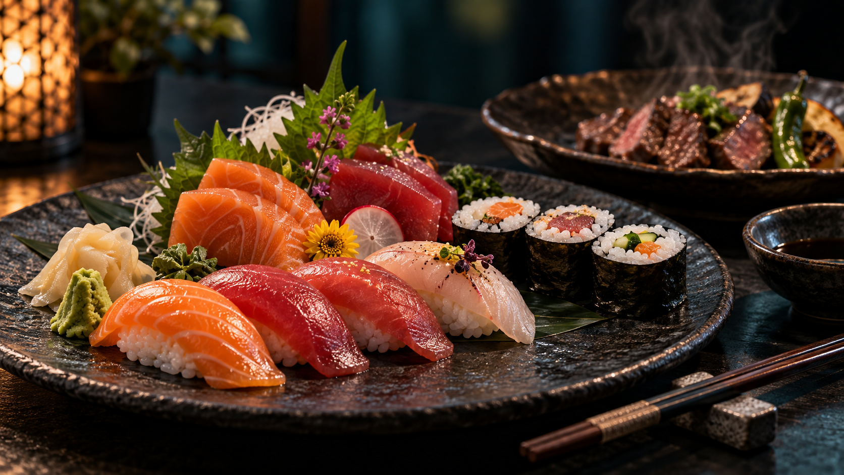 Sushi en sashimi op donker keramiek met Japanse grillgerechten