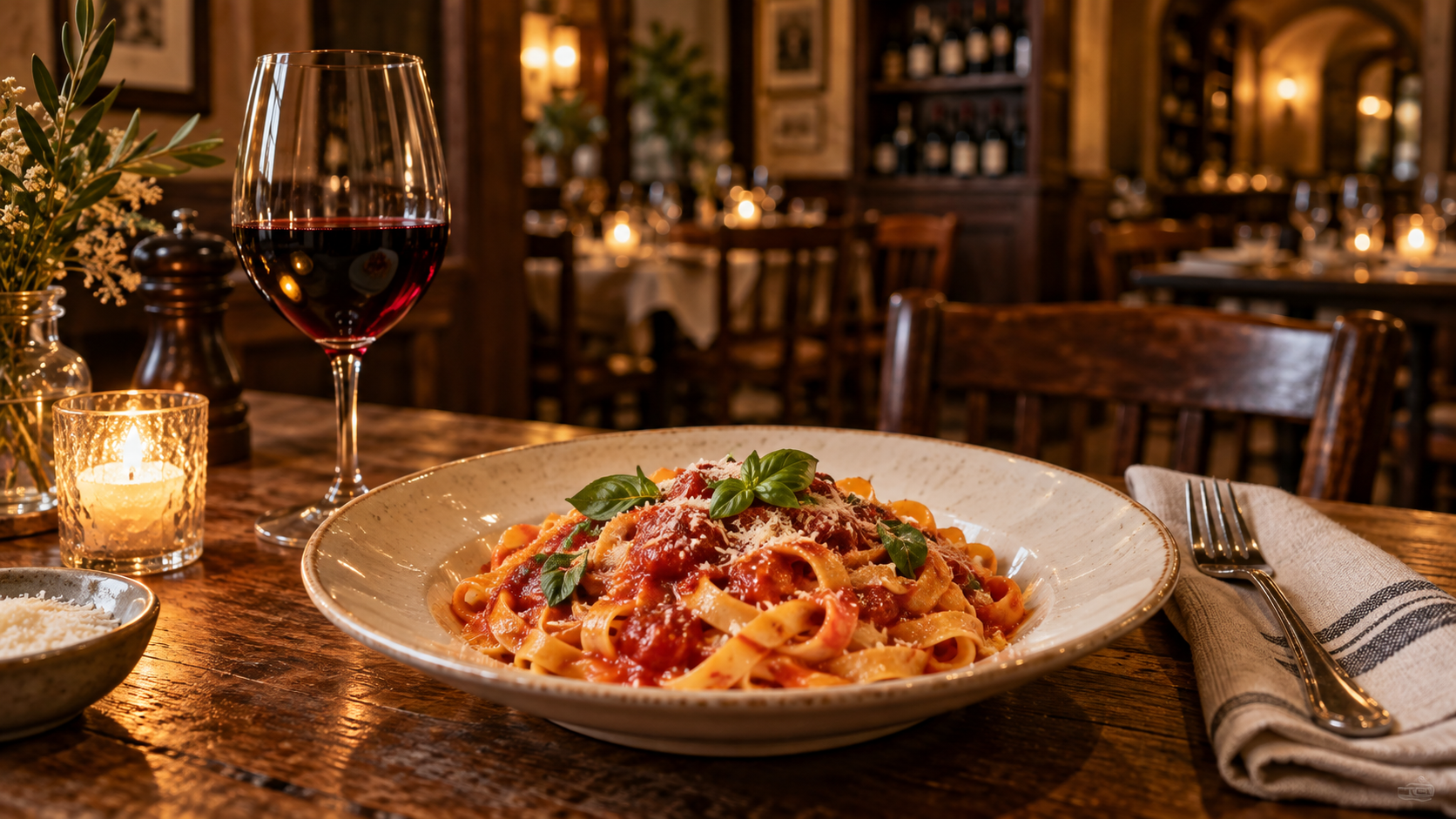 Verse pasta, rode wijn en kaarslicht in een warme Italiaanse trattoria